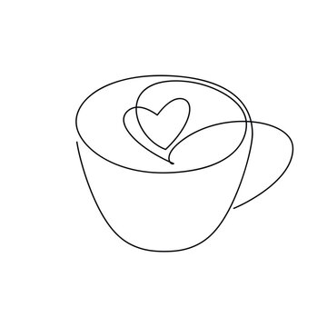 Heart latte art coffee cup. One line continuous drawing. Graphic illustration. Hand drawn linear hot drink icon. Minimal outline design, print, banner, card, brochure, product logo, menu, sign, symbol