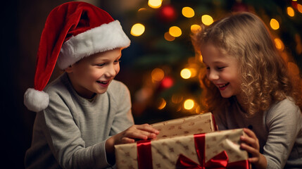 Fototapeta na wymiar A bright-eyed boy in a nightcap, unwrapping a gift with a look of pure wonder, joyful child looking for gifts under the tree, blurred background, with copy space