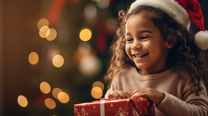 A girl with pigtails, laughing as she gently shakes a present to guess its contents, joyful child looking for gifts under the tree, blurred background, with copy space