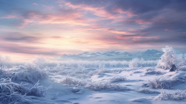  a painting of a snowy landscape with a mountain in the distance and a pink and blue sky in the background.  generative ai