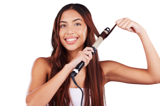 Hair, beauty and portrait of woman with curling iron on isolated, transparent or png background. Haircare, styling and face of lady model with beach waves, heat or product tool for volume or texture