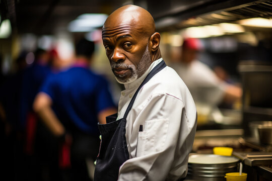 Chef somberly contemplates amidst the chaos of a busy professional kitchen 