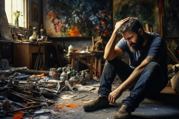 Depressed artist in unkempt workshop visibly grappling with emotional turmoil  - obrazy, fototapety, plakaty