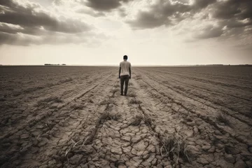 Fotobehang Depressed farmer standing alone in vast unproductive agricultural fields under grayscale sky  © fotogurmespb