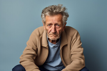 Elderly individual with sad expression alone in home isolated on a gradient background 