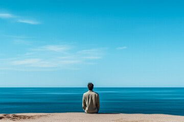 Fototapeta premium Desolate individual gazing out to sea isolated on a blue gradient background 
