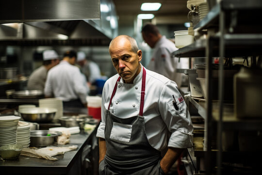 Chef somberly contemplates amidst the chaos of a busy professional kitchen 
