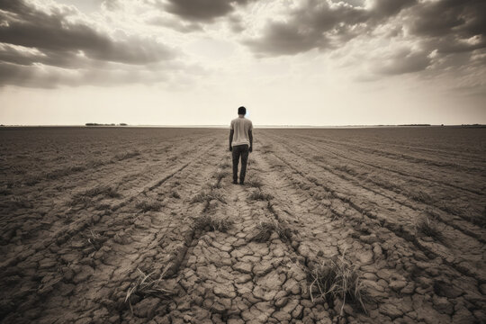 Depressed farmer standing alone in vast unproductive agricultural fields under grayscale sky 