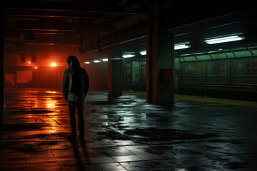 Lone figure battling internal turmoil at an empty dimly lit station  - obrazy, fototapety, plakaty