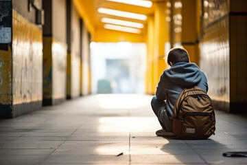 Teenager sitting alone in school hallway background with empty space for text  - obrazy, fototapety, plakaty