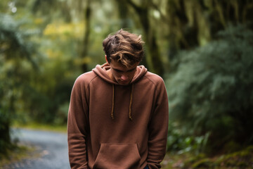 Naklejka premium Distraught young adult in serene woodland background with empty space for text 