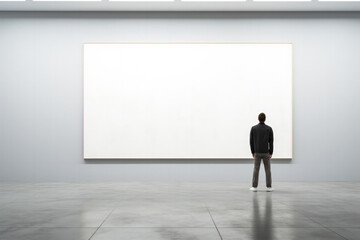 Individual contemplating art in desolate gallery background with empty space for text 