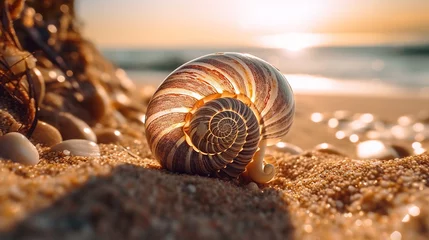 Fotobehang Beautiful seashell lying sandy beach unusual wallpaper image AI generated art © Biplob