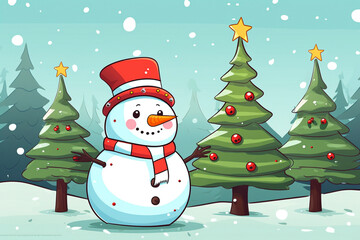 Adorable Snowman Decorating Pine Trees, Winter Forest Scene, Cartoon Illustration