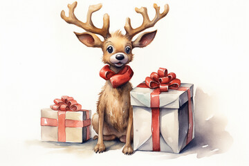 Cute Festive Reindeer Beside Red Ribboned Gift Boxes, Cartoon Style
