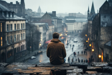 Lonely adult male in gritty cityscape background with empty space for text  - obrazy, fototapety, plakaty