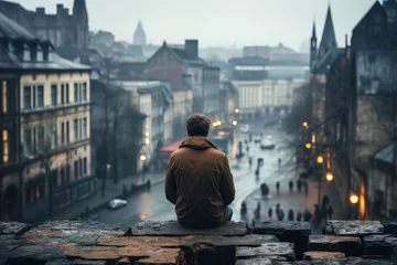 Fotobehang Lonely adult male in gritty cityscape background with empty space for text  © fotoworld