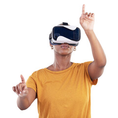 VR, future and woman press with glasses for cyber innovation, video game and metaverse isolated on...