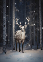 deer in winter with snow falling at night, with a soft glow