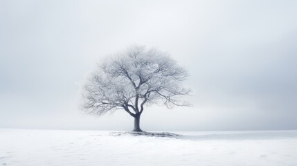Fototapeta premium a lone tree in the middle of a snow - covered field in the middle of a foggy, overcast day. generative ai