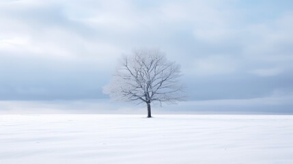  a lone tree stands alone in the middle of a snow - covered field with a blue sky in the background.  generative ai