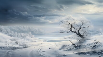  a painting of a snowy landscape with a lone tree in the foreground and a cloudy sky in the background.  generative ai