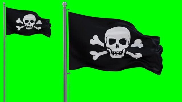 Looped Pirate or Danger flag, a symbol of piracy, waving in the wind infinty cycle, colored chroma key for easy background remove