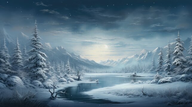  a painting of a snowy landscape with trees and a lake in the foreground and a full moon in the background.  generative ai