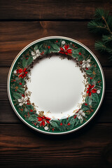 Christmas plate with a wreath on a dark wooden table