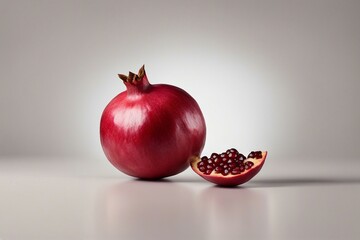 A Whole Pomegranate Fruit and its Delicate Piece, Captured in Isolation on a Gray Background