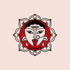Cartoon circle logo art of Kali Goddess square vector illustration card, isolated graphics on background.
