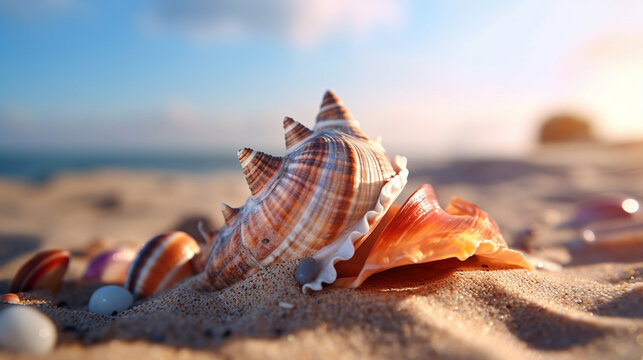 Beautiful shell beach seashell sunset photography wallpaper picture AI generated art