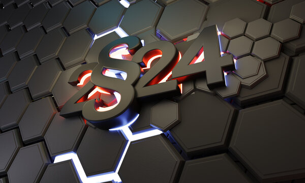 The year 2024 in dark colors, hexagon grid structure, neon glowing, red numbers, paragraph symbol as new laws and changes to the law, negative effects and consequences