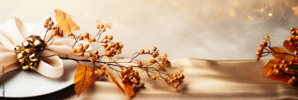 Poster classic thanksgiving table settings in honey gold tones background with empty space for text