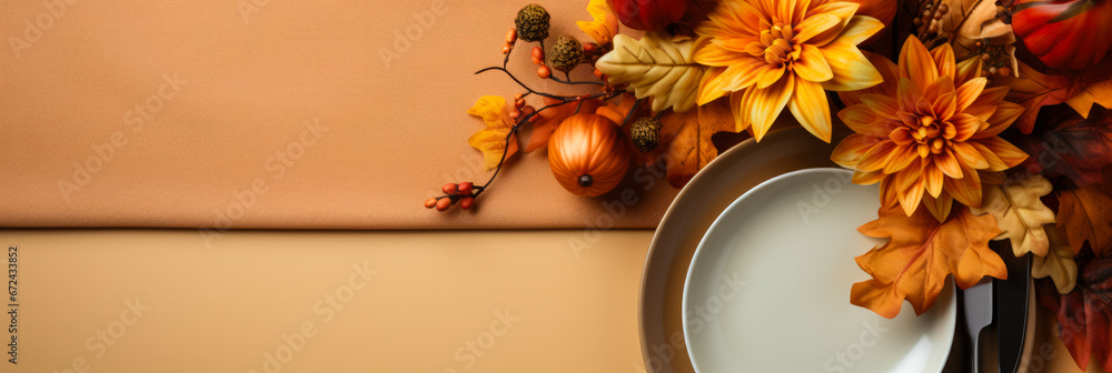 Poster classic thanksgiving table settings in honey gold tones background with empty space for text