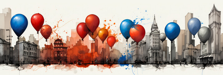 Time-honored Macys parade balloons captured in newsprint grey umber rosewood red cobalt blue  - obrazy, fototapety, plakaty