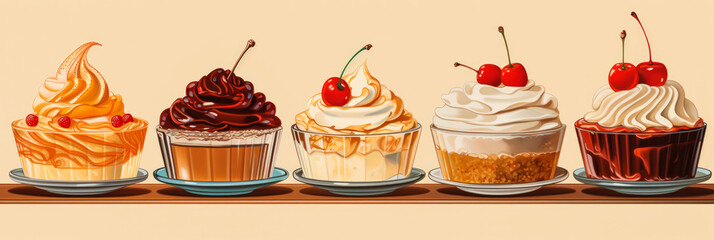 Retro illustrations of Thanksgiving desserts in caramel apple red vanilla and pecan hues  - obrazy, fototapety, plakaty