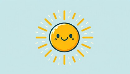 Cheerful Yellow Sun with Smiling Face and Beaming Rays in a Light Blue Sky Illustration