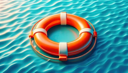 Detailed Orange Lifebuoy Floating on Turquoise Sea Illustration, Safety and Rescue Concept