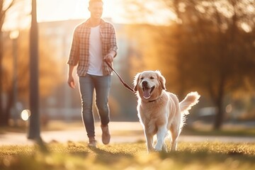a young European man in jeans walks with a dog in an autumn park. soft baсkground - obrazy, fototapety, plakaty