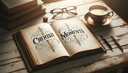 Nostalgic Morning with 'Cherish the Moments' Calligraphy in Book Beside Coffee and Glasses on Vintage Table