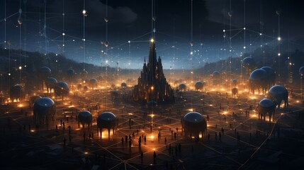an inviting scene featuring a global network of interconnected blockchain nodes, a testament to the complexity and elegance of this decentralized system