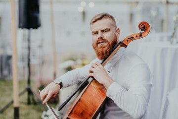 View of musician playing cello at the wedding. Musical Instrument