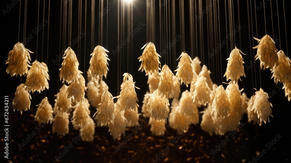 Poster a group of white feathers hanging from a ceiling next to a string of light bulbs and a string of str