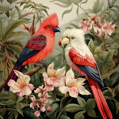 Obraz premium Beautiful tropical birds prints botanical feather illustration picture AI generated art