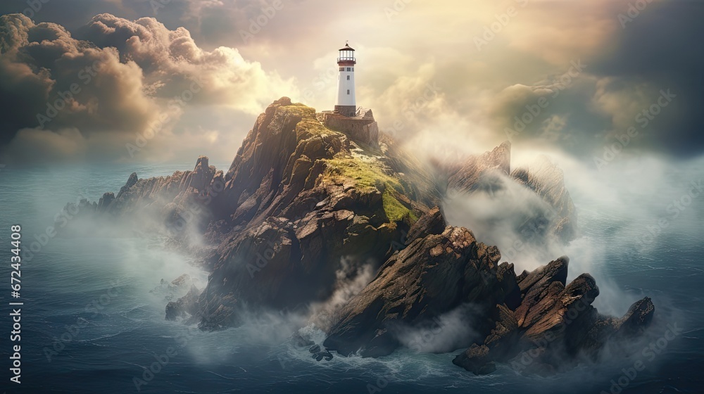 Poster a lighthouse sitting on top of a small island in the middle of the ocean with a lot of clouds around