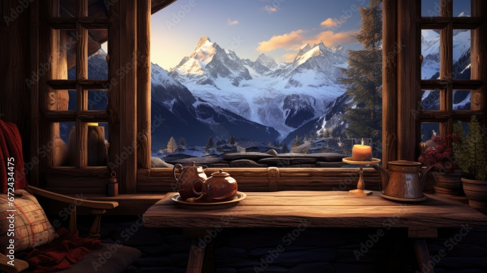 Poster a table with a tea pot on it in front of a window with a view of a snowy mountain range. generative 