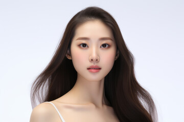 Fototapeta premium Young Asian beauty woman model with long dark hair in white tank top with pastel Korean makeup and perfect skin, on white background. For advertising, brochure, banner, poster. Self care concept