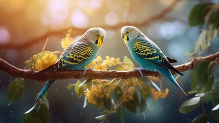 Beautiful two love birds happy fischer's faced wallpaper image AI generated art - obrazy, fototapety, plakaty