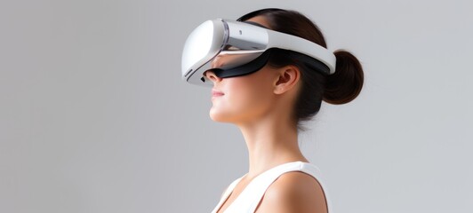 Caucasian brunette woman in virtual reality glasses on light background. Copy space. Banner template of person in white VR goggles. Concept of technology, game, entertainment, artificial intelligence
